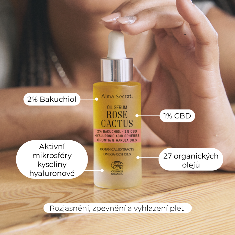 Rose Cactus Serum Oil, bio pleťové sérum z opuncie s bakuchiolem, CBD a kys. hyaluronovou