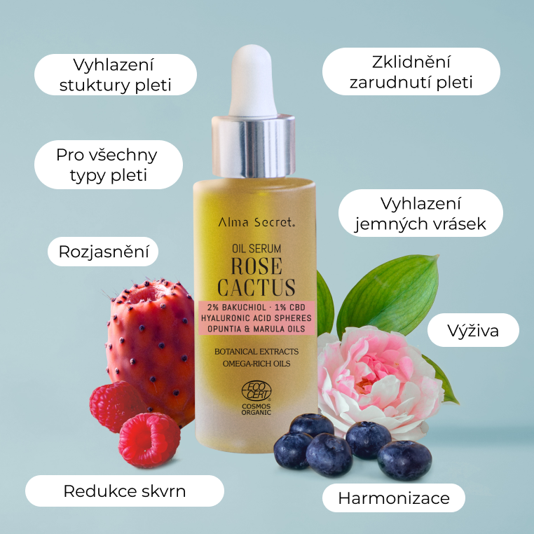 Rose Cactus Serum Oil, bio pleťové sérum z opuncie s bakuchiolem, CBD a kys. hyaluronovou